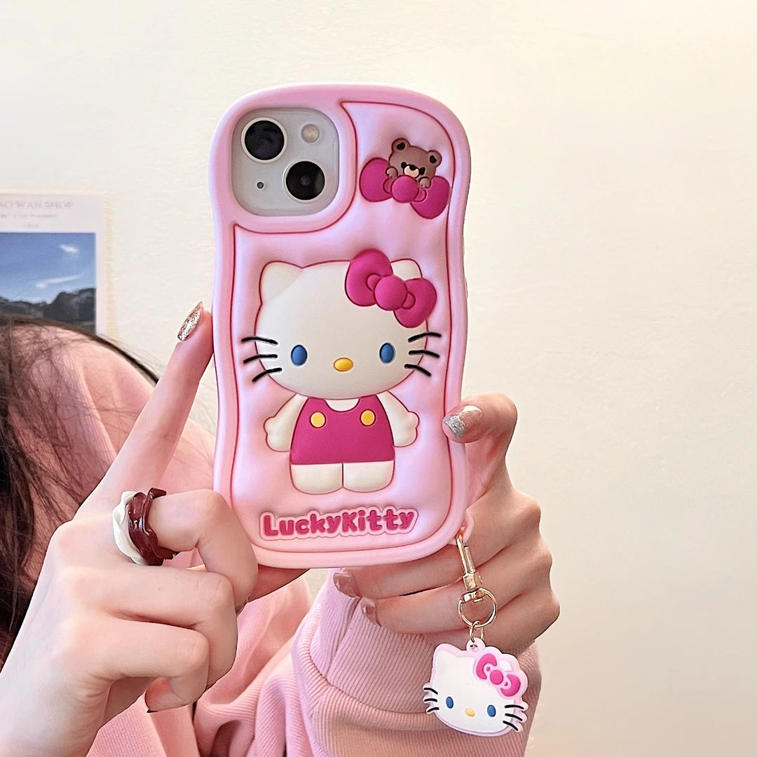 (苹果)卡通HelloKitty粉色kt猫14promax立体iPhone15硅胶13手机壳