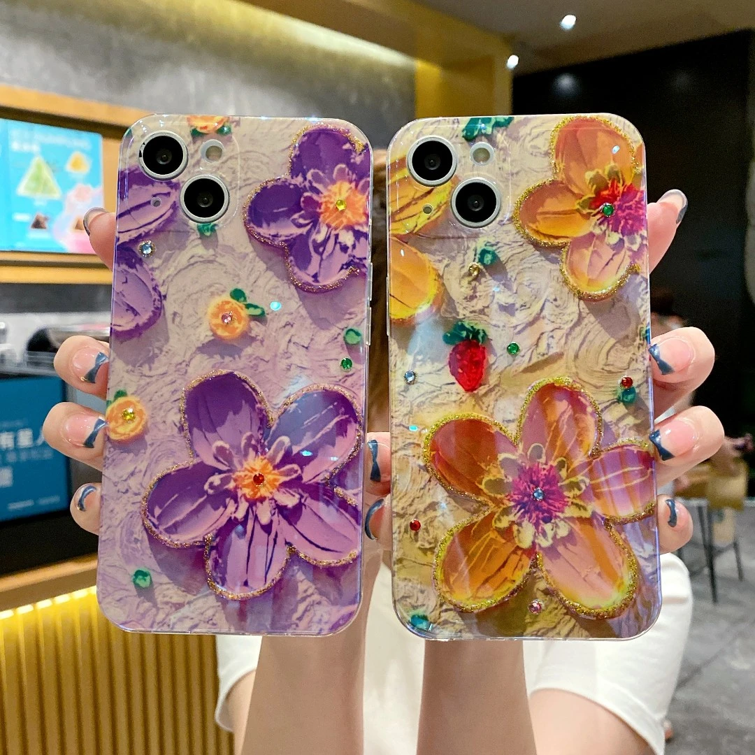 【苹果/华为/oppo/vivo/小米】蓝光水钻油画花朵手腕带支架手机壳