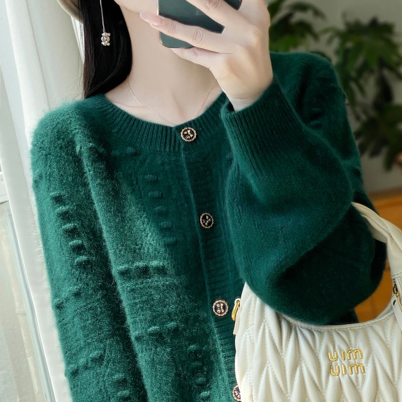 重工@加厚款100%纯羊毛圆领开衫百搭宽松气质针织毛衣时尚长袖