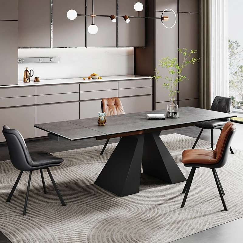 丝美家意式极简岩板餐桌子伸缩电磁炉拉伸小户型多功能长方形饭桌