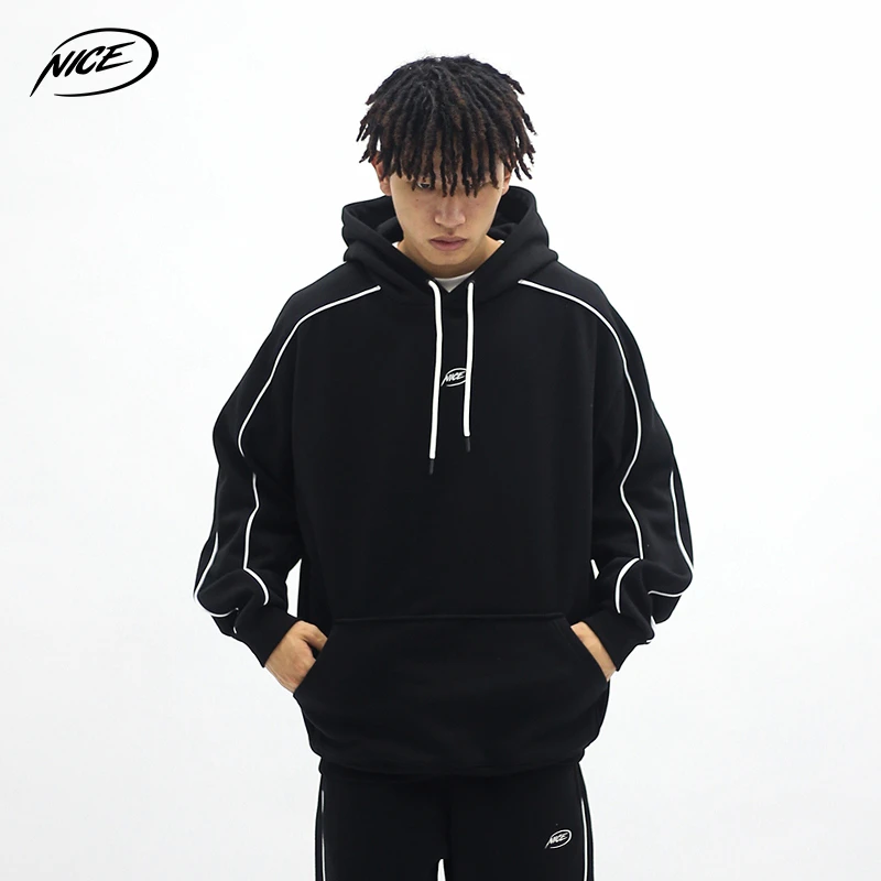 NICEID NICE运动条纹卫衣男秋冬潮流休闲宽松连帽圆领套头上衣