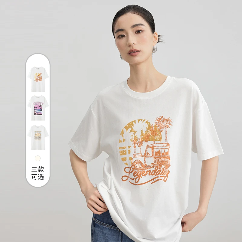 艾木纯棉印花圆领短袖T恤女夏季新款设计感宽松休闲上衣