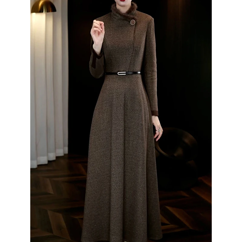 送腰带!高级感气质减龄加厚保暖连衣裙2025秋冬新款遮肉显瘦A字裙
