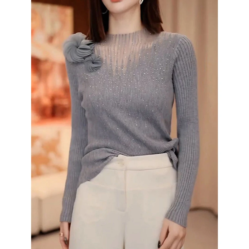 高档时尚烫钻长袖针织衫女2025春季新款气质修身显瘦百搭打底毛衣