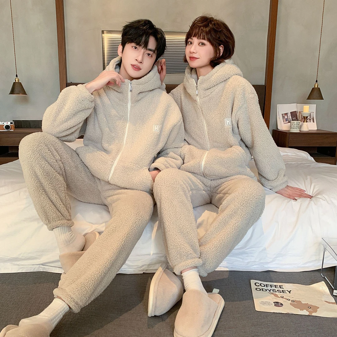 北羔绒加绒加厚网红男女同款大码冬季家居服可外穿保暖睡衣套装