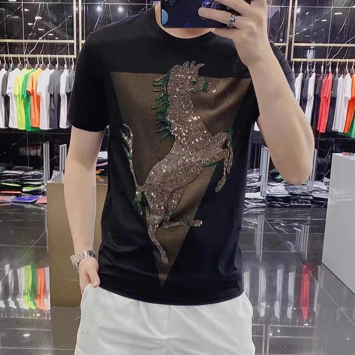 男士短袖T恤夏季新款烫钻圆领打底衫男时尚休闲轻奢百搭半袖体恤