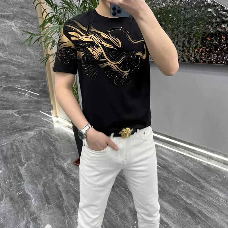 短袖T恤男夏季新款轻奢高端烫钻圆领半袖时尚休闲百搭帅气体恤潮