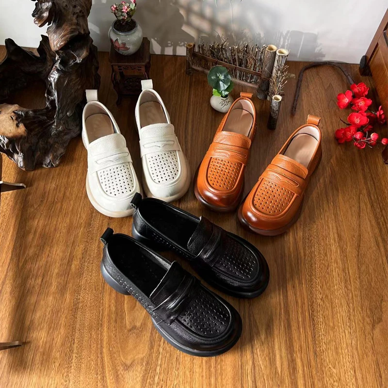 头层牛皮镂空乐福鞋舒适透气中老年妈妈鞋防滑粗跟一脚蹬小皮鞋