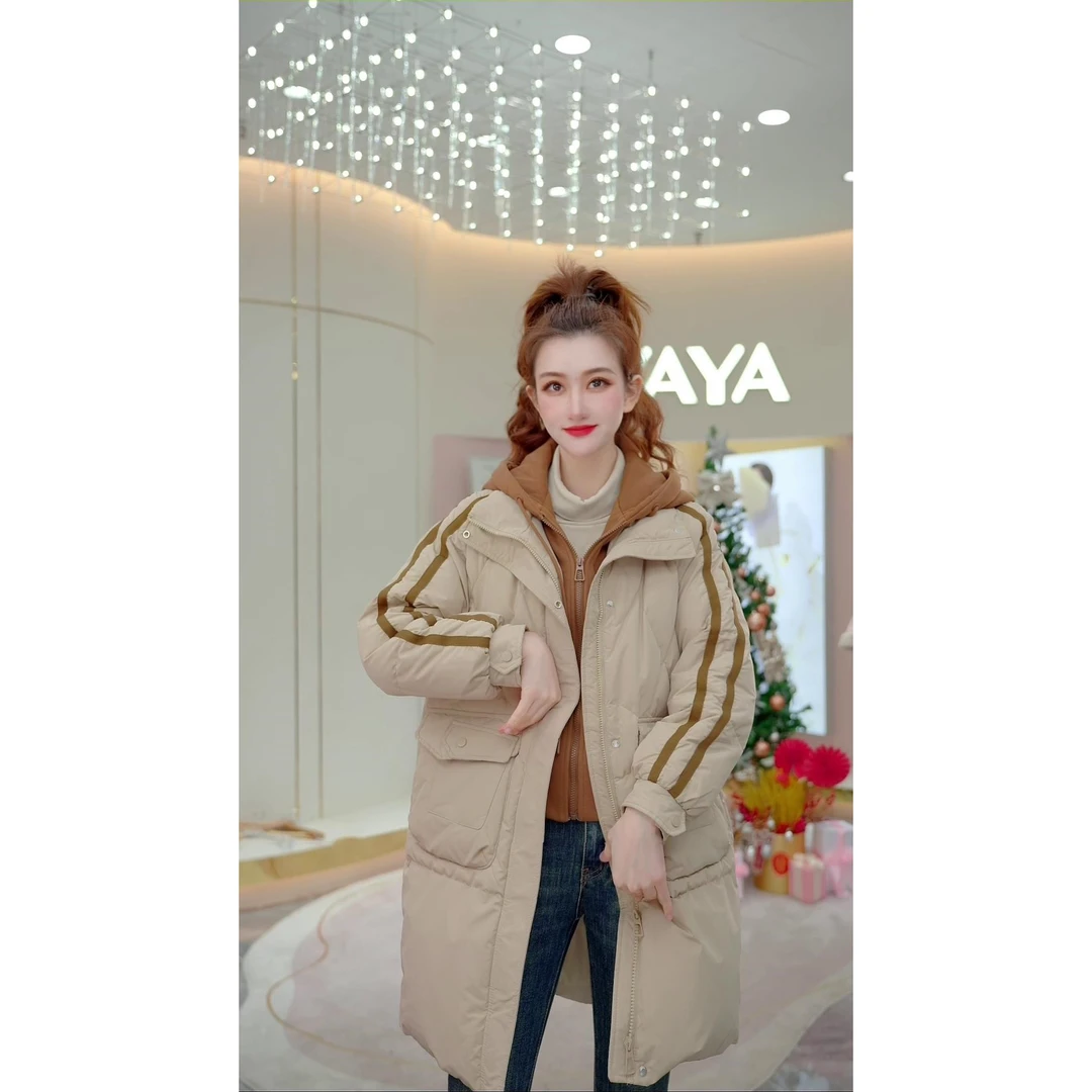 YAYA/鸭鸭女假两件中长款2022年冬季新款潮流休闲连帽外套羽绒服