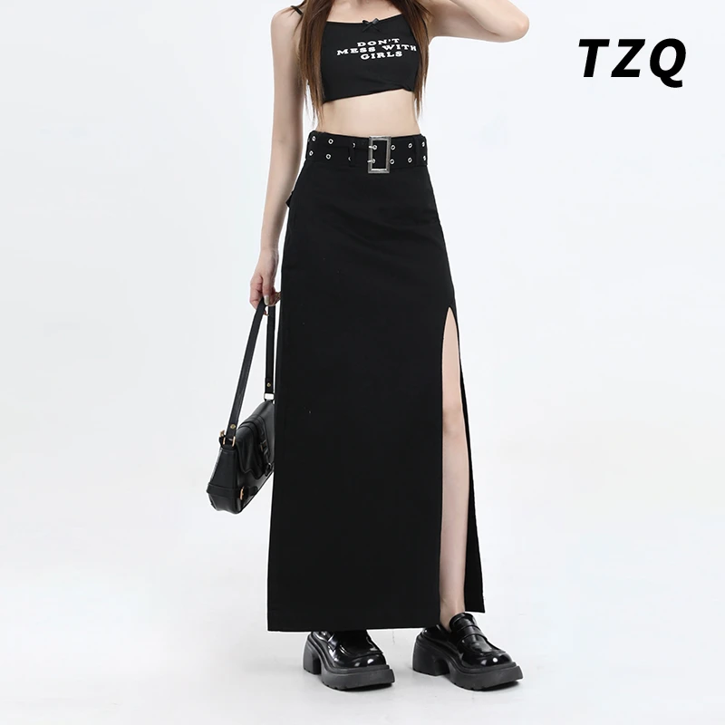 黑色开叉半身裙女2024夏季薄款高腰显瘦百搭小个子a字长款西装裙