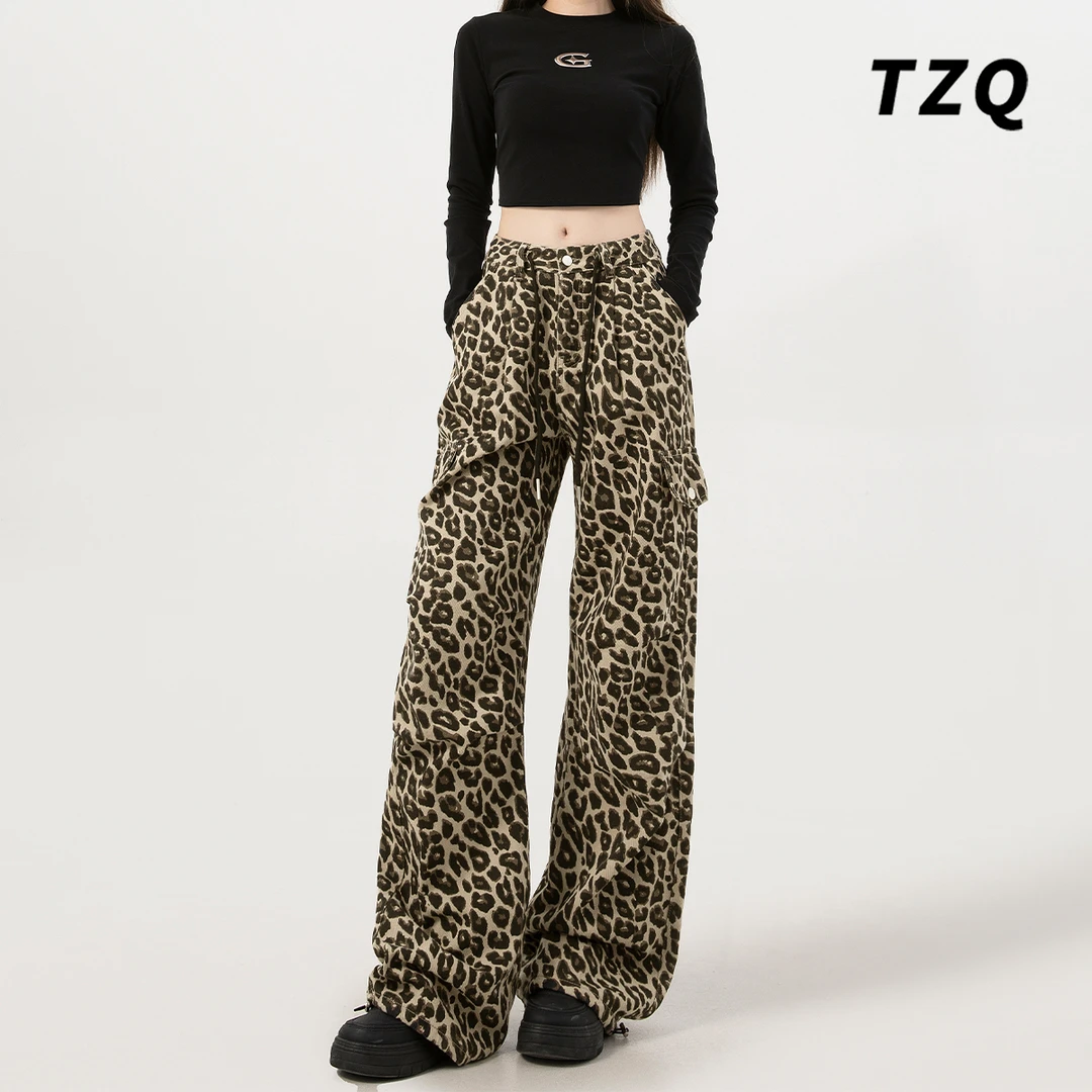 美式卡其豹纹高腰垂感工装裤女显瘦纯棉拖地裤休闲阔腿裤TZQ90188