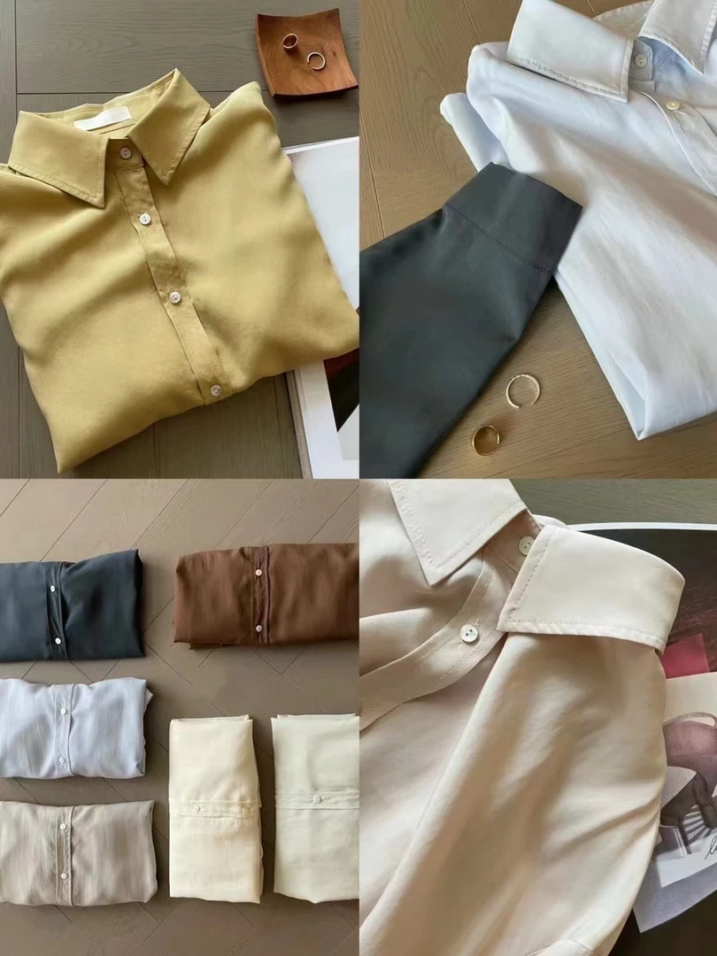 【木辛专属】韩版简约纯色衬衫休闲气质百搭翻领衬衣性价比高