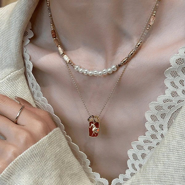 铜合金项链 新中式彩绘走马观花方牌项链女轻奢小众国风锁骨链潮