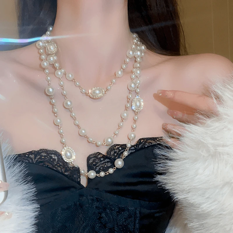 合金仿珍珠项链 珠珠毛衣链大气高档项链女长款多层叠戴装饰挂链
