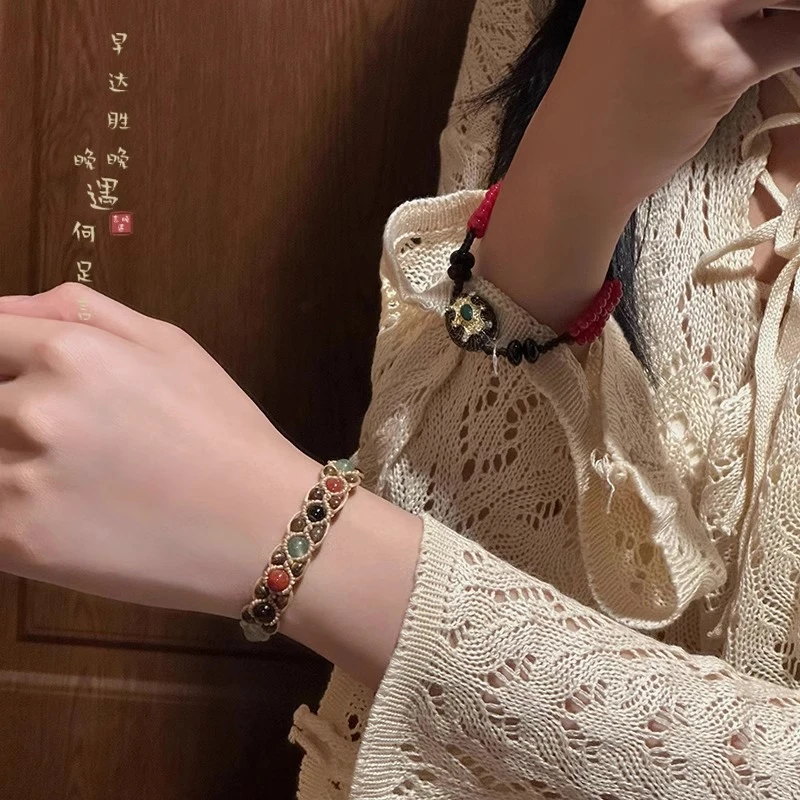 铜合金手链 复古串珠手链女民族风小众精致手绳编织秋冬气质手饰