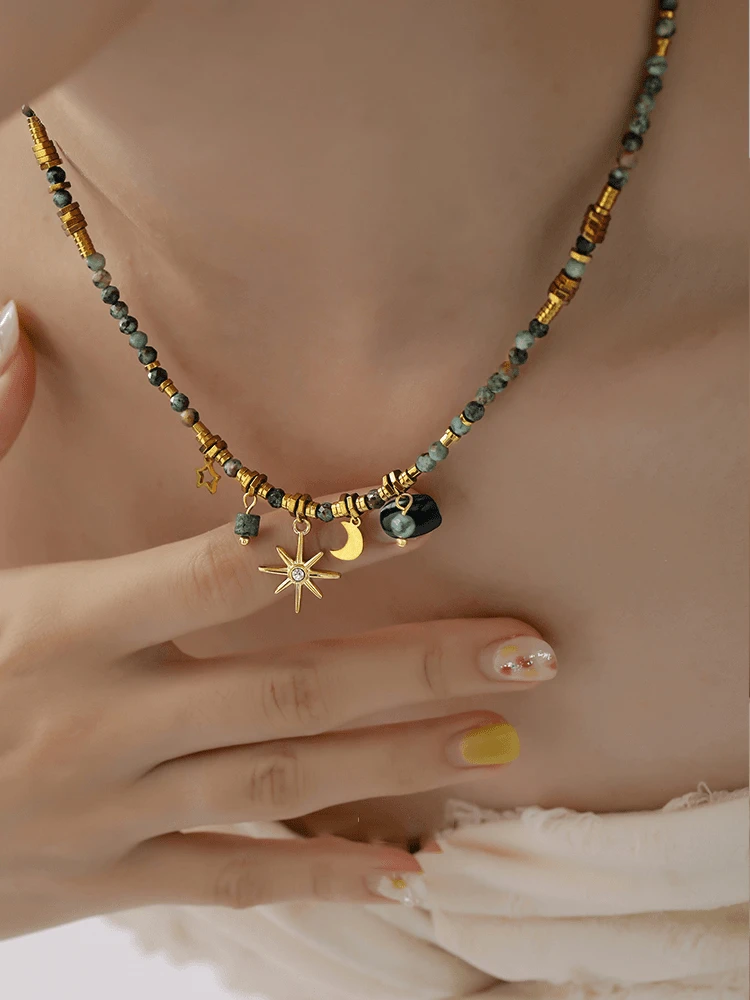 钛钢项链 复古双层叠戴太阳花串珠项链女高档设计锁骨链夏季配饰