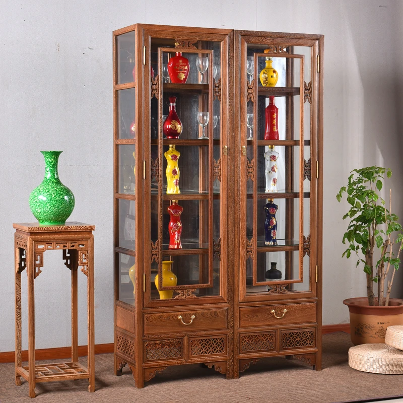红木家具鸡翅木酒柜中式客厅实木单门玻璃储物柜原木陈列柜隔断柜