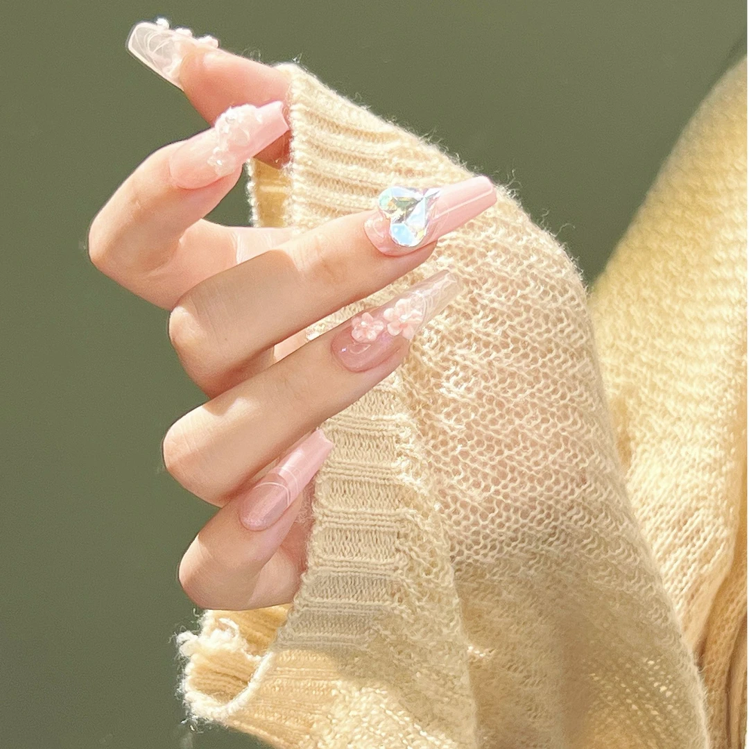 【桃花缘记】奥地利进口施华洛华子手工穿戴甲歪心粉嫩捏花勾线法式