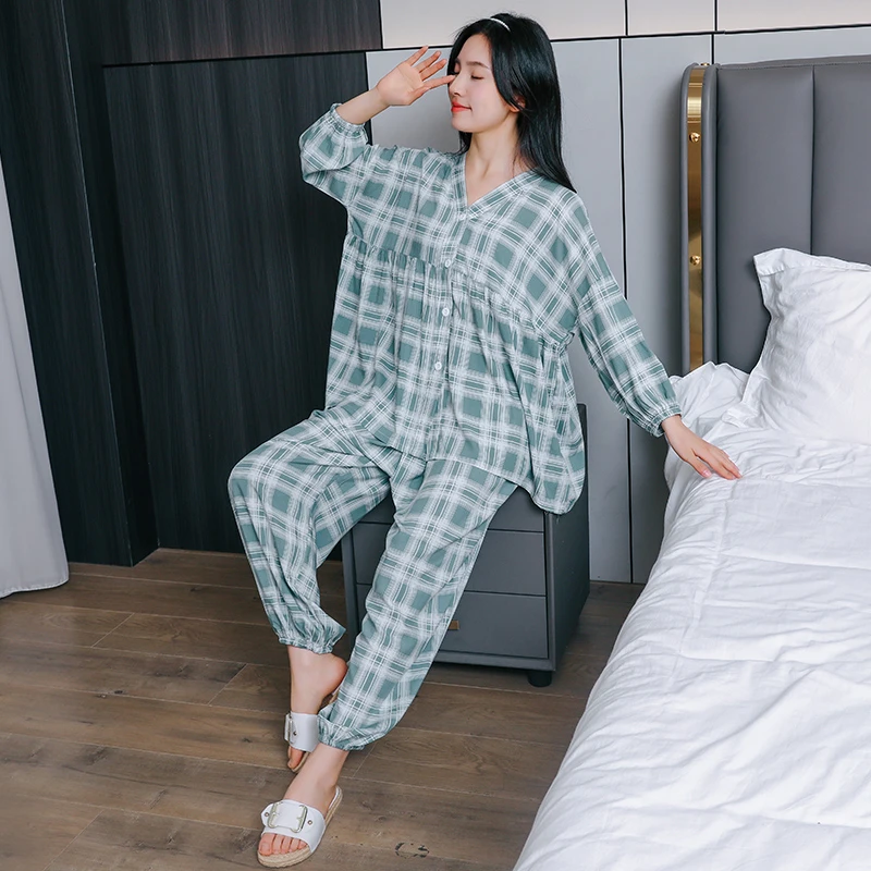成年女士夏天宽松棉绸睡衣女孩薄款绵绸大人夏季空调服家居服套装