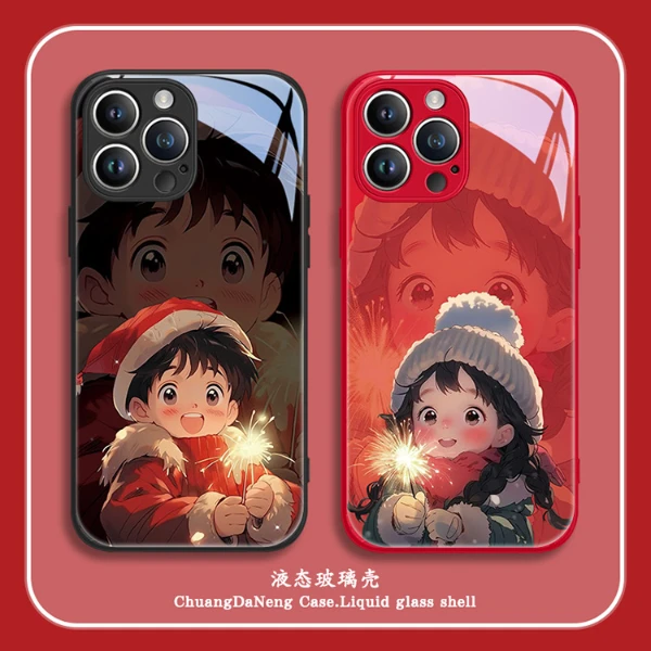 适用苹果15/华为mate60/小米14/oppo/vivo烟花情侣新年卡通手机壳