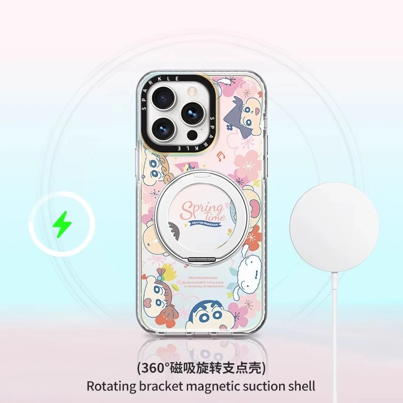 蜡笔小新适用苹果15支架手机壳iPhone14趣味卡通Magsafe磁吸支点