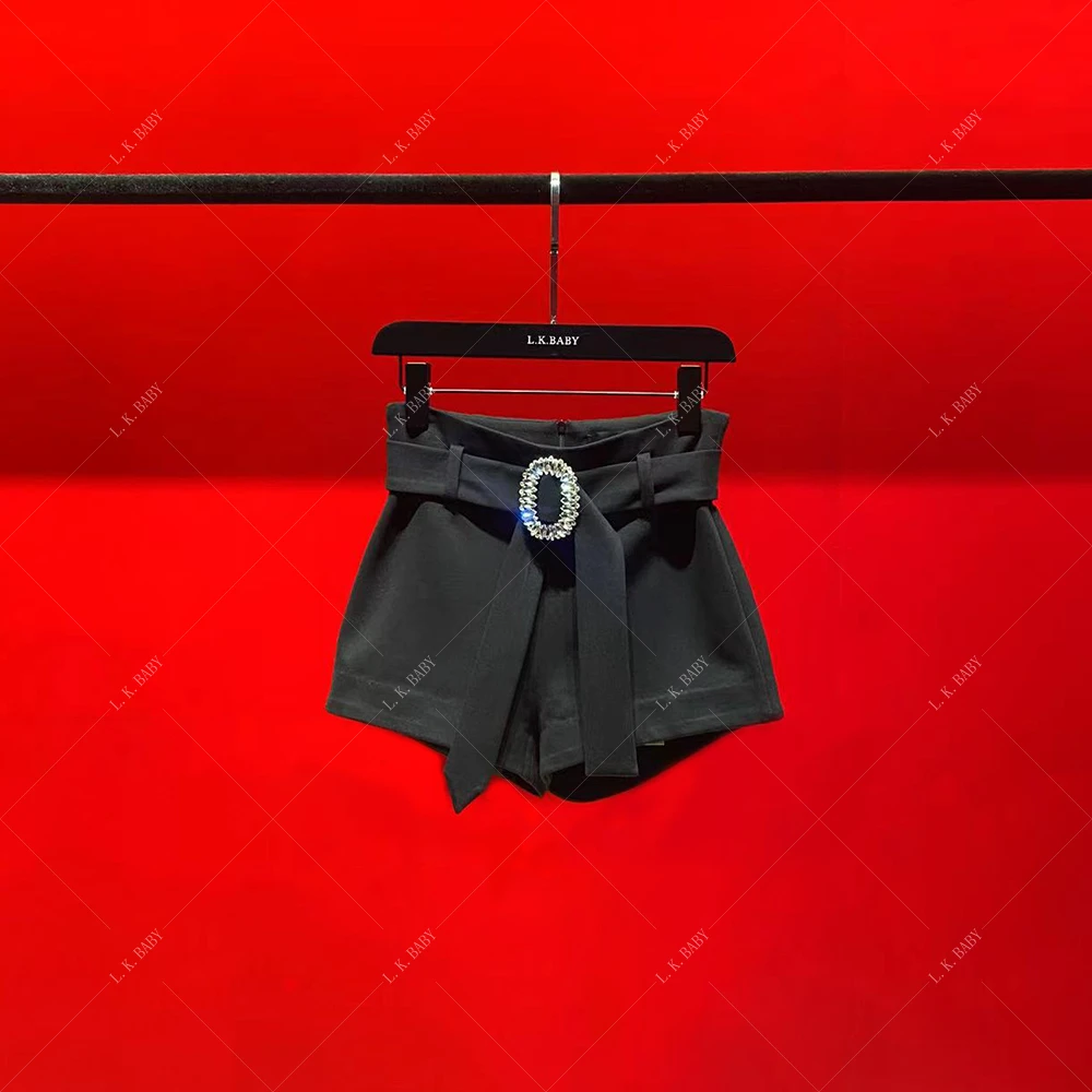 【L.K.BABY】fashion设计闪钻扣饰高腰秋冬短裤黑色夏季修身轻奢