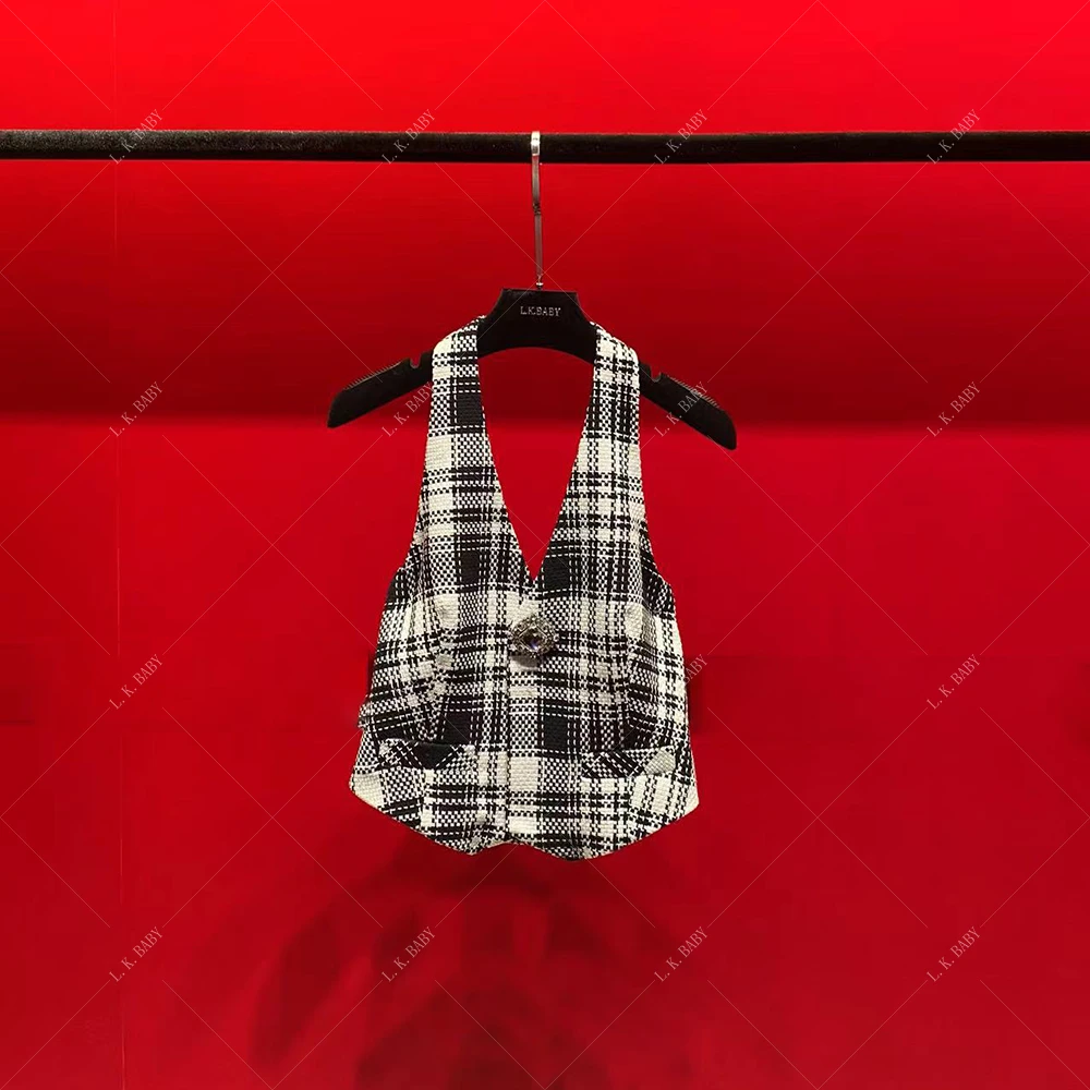 【L.K.BABY】爱尔格 重工Haute格纹挂脖复古背心马甲黑色气质夏季