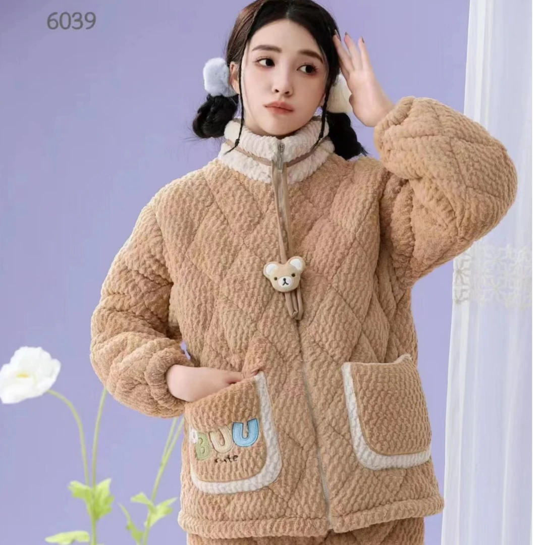 6039冬季三层外穿夹棉加厚女睡衣珊瑚绒甜美家居服套装毛绒家居服