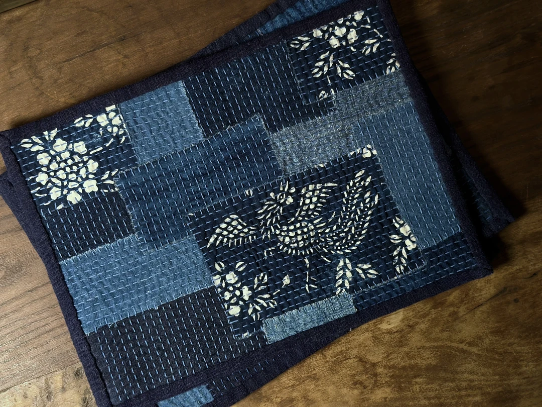 熙熙手作手工拼布老布蓝印花30*40茶席密密缝国风中式手绣茶席