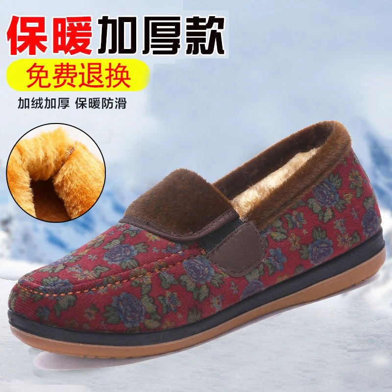 冬季加绒老北京布鞋中老年人软底防滑奶奶棉鞋低帮保暖