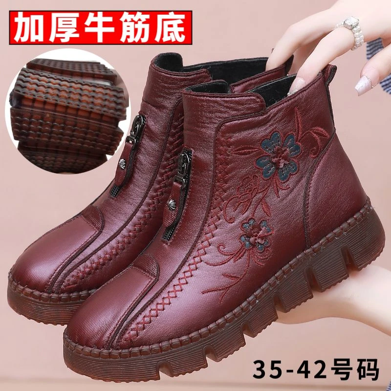 老北京布鞋女棉鞋冬季加绒保暖仿皮面短靴牛筋软底舒适妈妈雪地靴