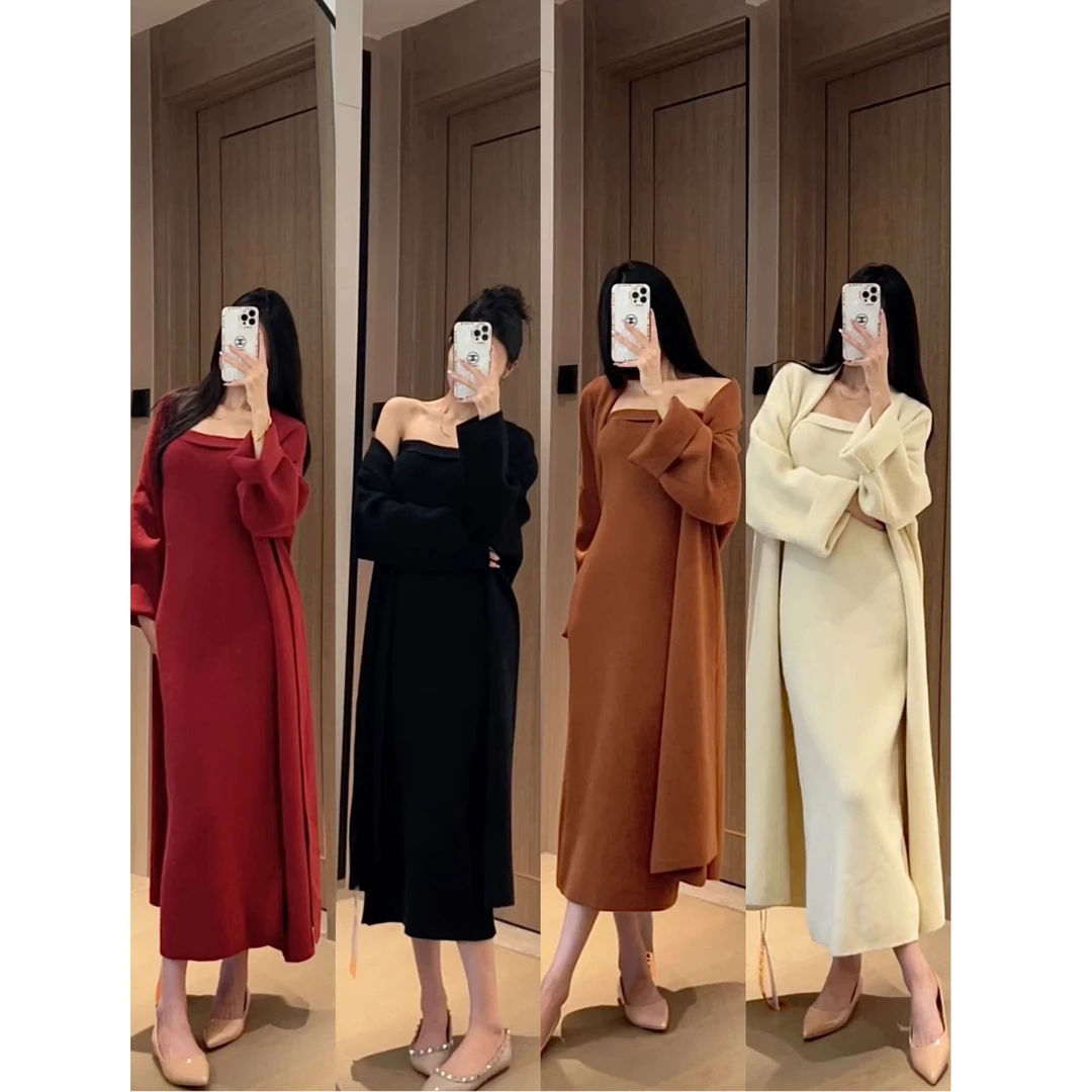 港风复古包臀开叉抹胸针织连衣裙中长款毛衣开衫套装