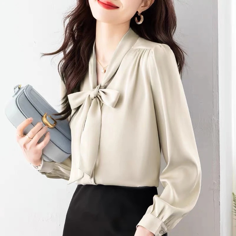 2024秋季新款法式衬衫女百搭高级感白色缎面蝴蝶结长袖衬衣女宽松