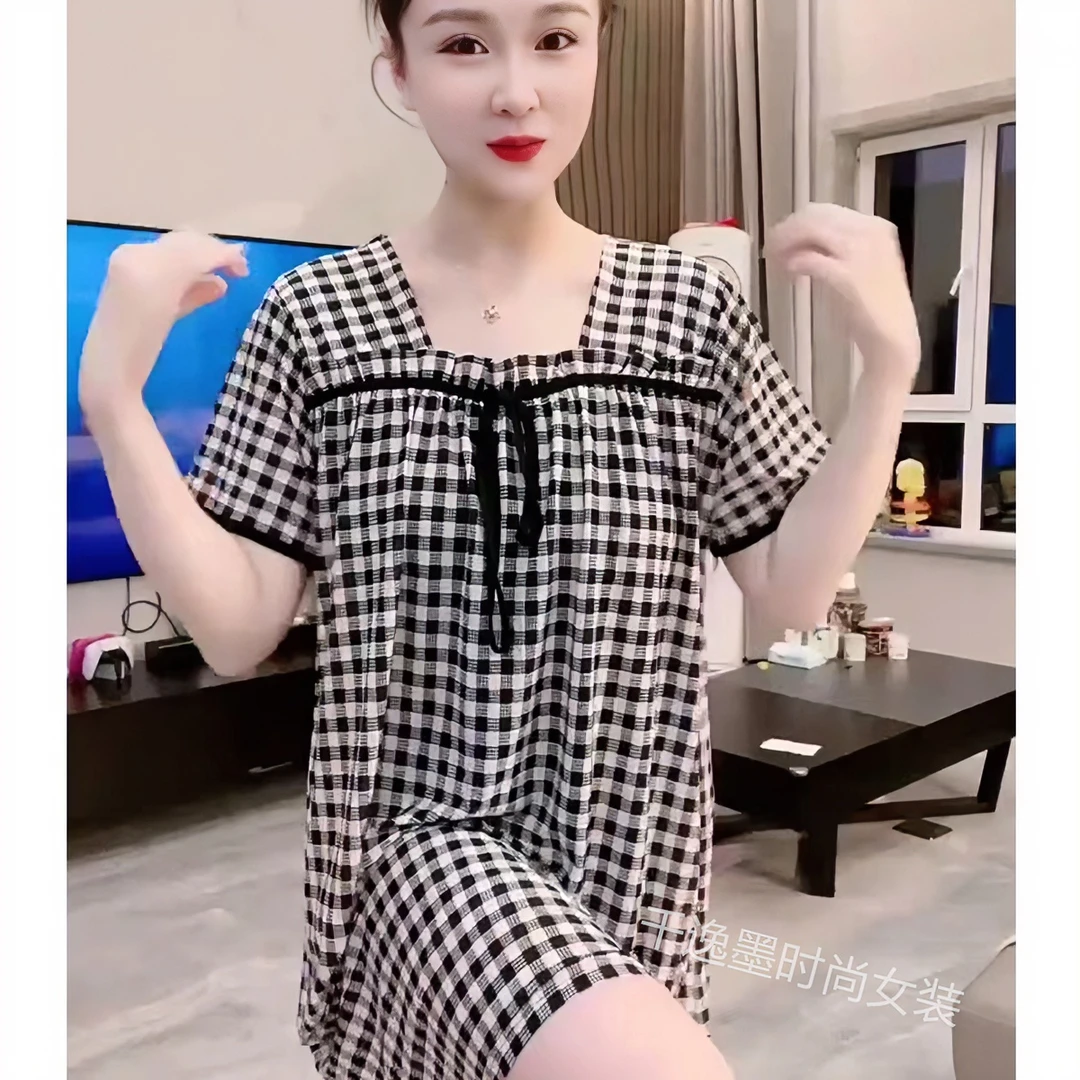 【8833】夏季时尚气质显瘦大码宽松连衣裙女士弹力家居服方领睡裙