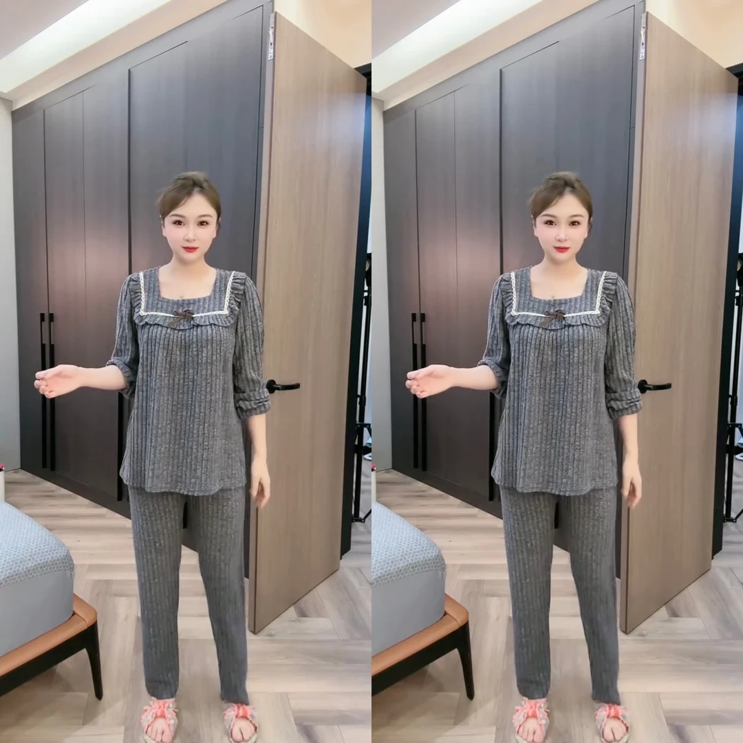 网红爆款家居服睡衣套装时尚洋气长袖长裤弹力纯色大码宽松方领高