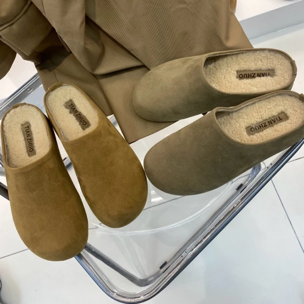 包头拖加绒保暖勃肯鞋2024新款舒适百搭半拖懒人鞋豆豆鞋 8823-1