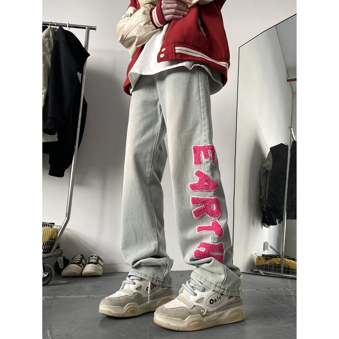 佐而不染美式街头潮流撞色牛仔裤男款小众潮牌直筒ins百搭微喇裤