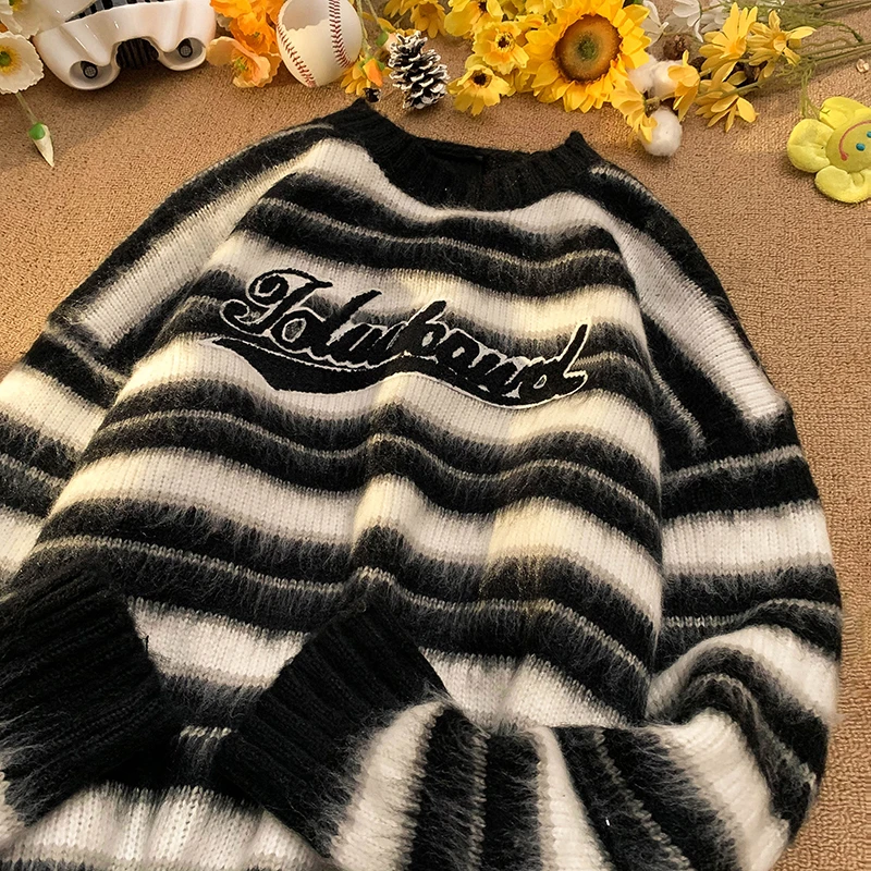 佐而不染美式复古慵懒条纹撞色毛衣男女生ins潮牌宽松百搭针织衫