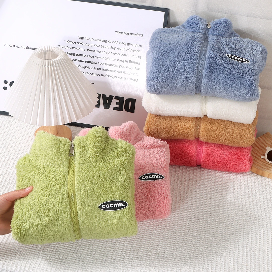 儿童秋冬法兰绒男女童加绒上衣中大童洋气开衫时尚立领保暖外套