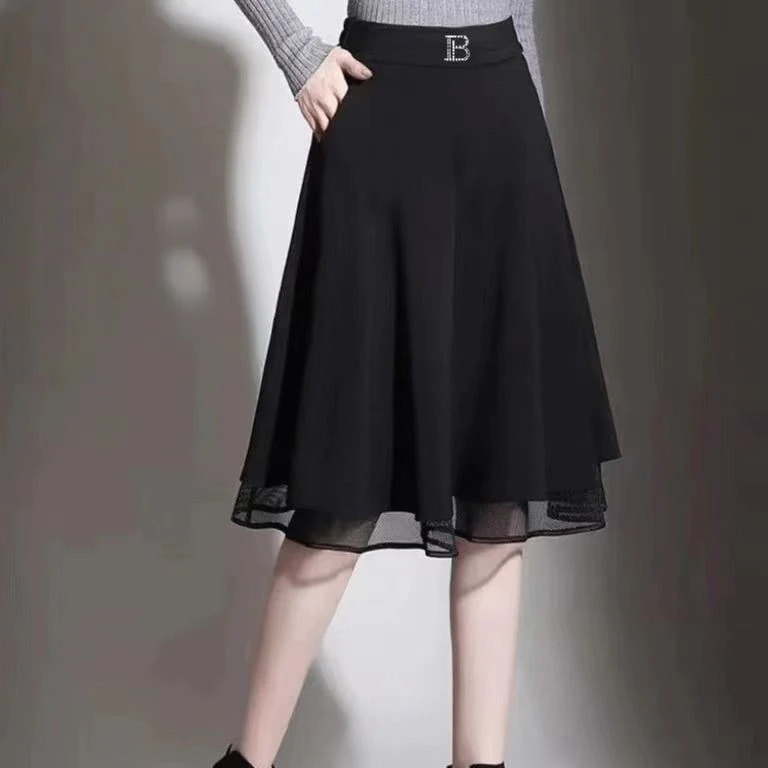 半身裙女2025新款镶钻中长款半身裙子百搭气质裙子黑色显瘦半身裙