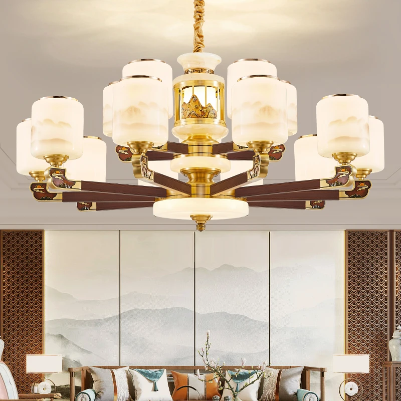 全铜新中式客厅吊灯玉石禅意中国风餐厅大气实木别墅复式楼大厅灯