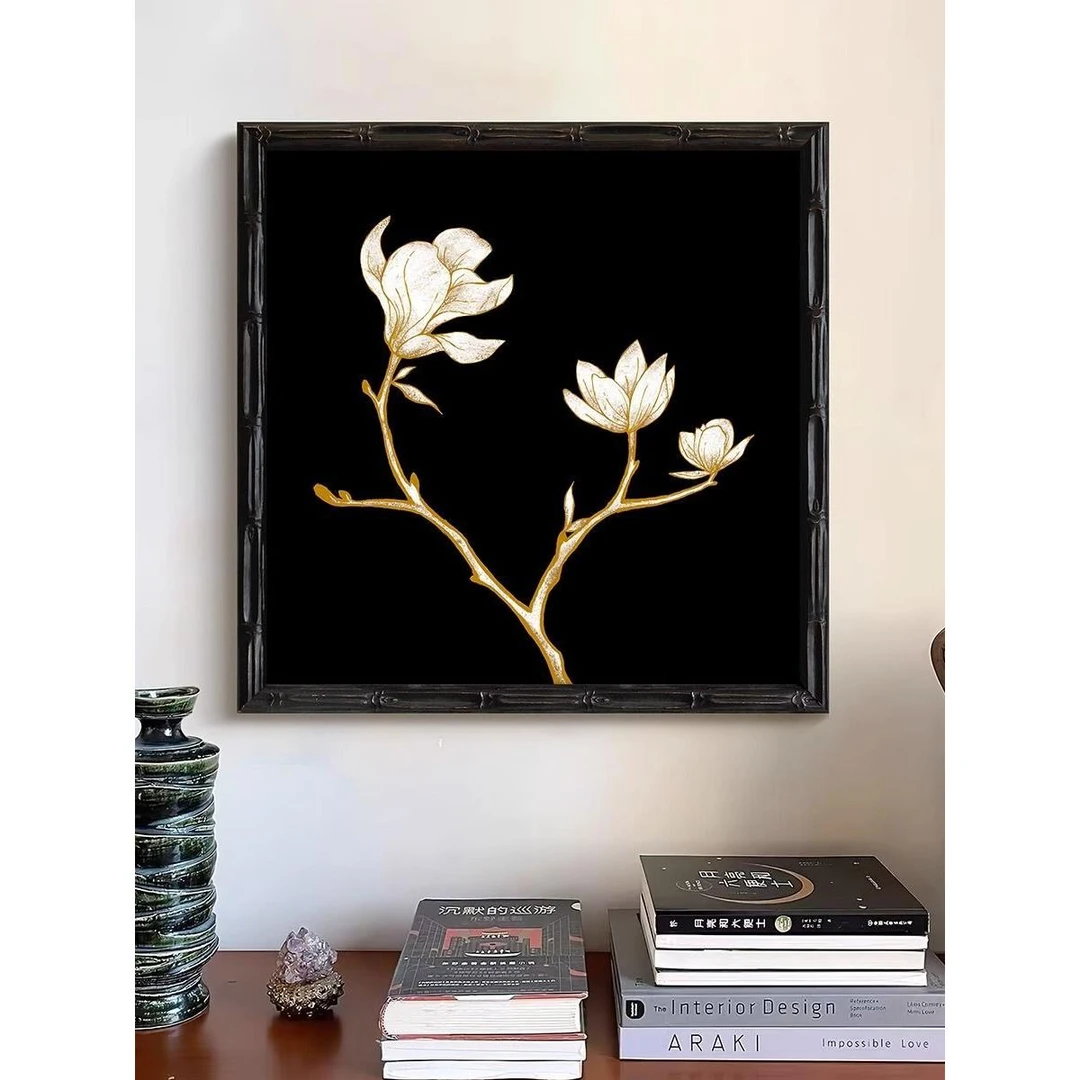 高档玄关感法式黑白色调兰花装饰画客厅餐厅中古壁中客厅走廊挂画