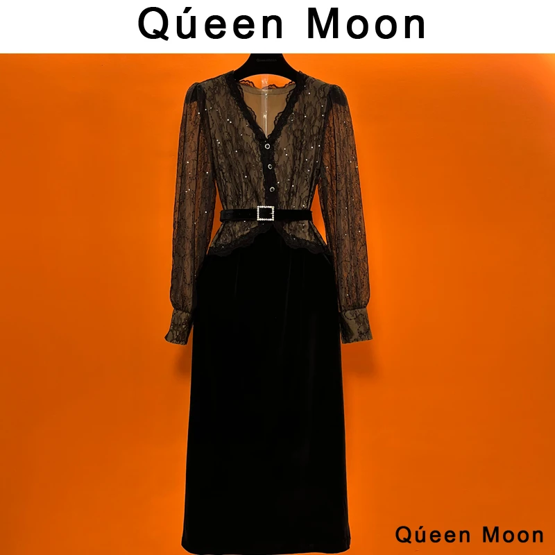 编码23【QúeenMoon】经典轻奢气质蕾丝连衣裙拼接长裙女 (定制女装)