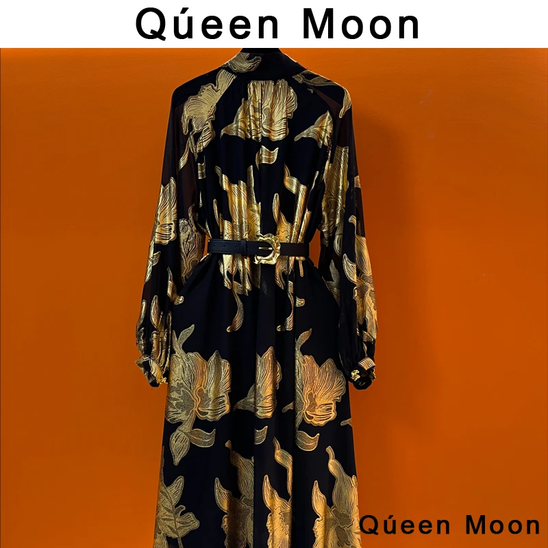 编码01【QúeenMoon】经典时尚气质烫金轻奢复古连衣裙女 (定制女装)