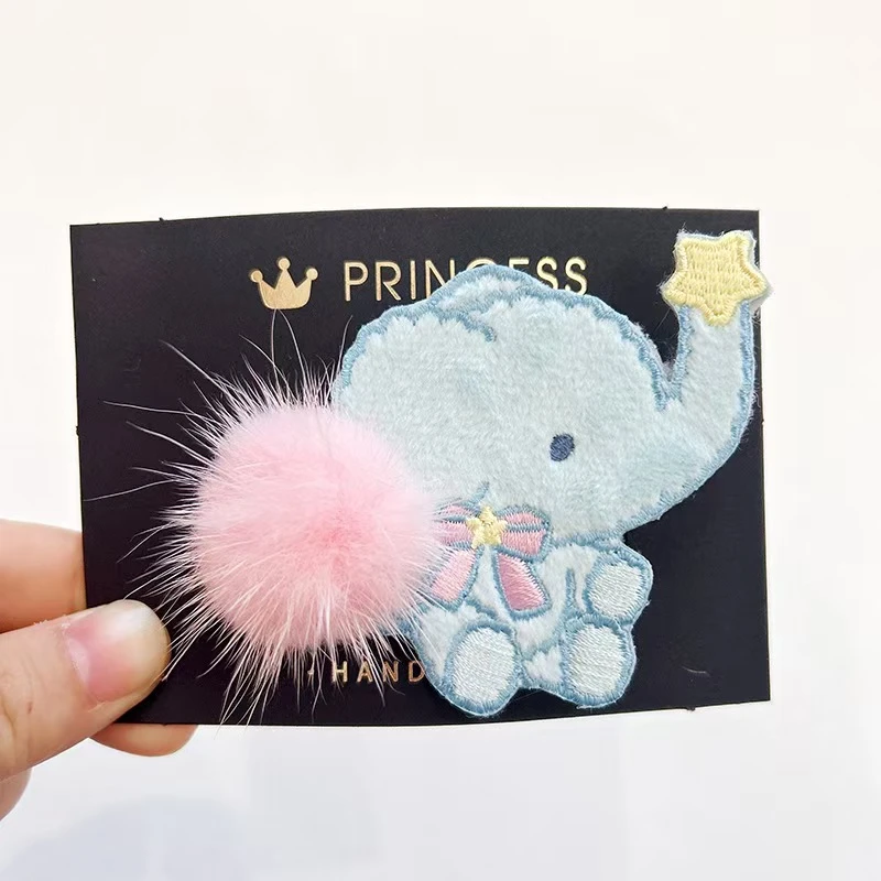 原创新款可爱动物刺绣女童发夹手工毛球儿童发夹宝宝毛绒卡通可爱