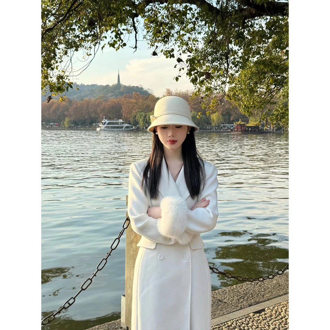 【白色收腰大衣】双排扣冬气质外套女长款翻领冬季毛呢大衣