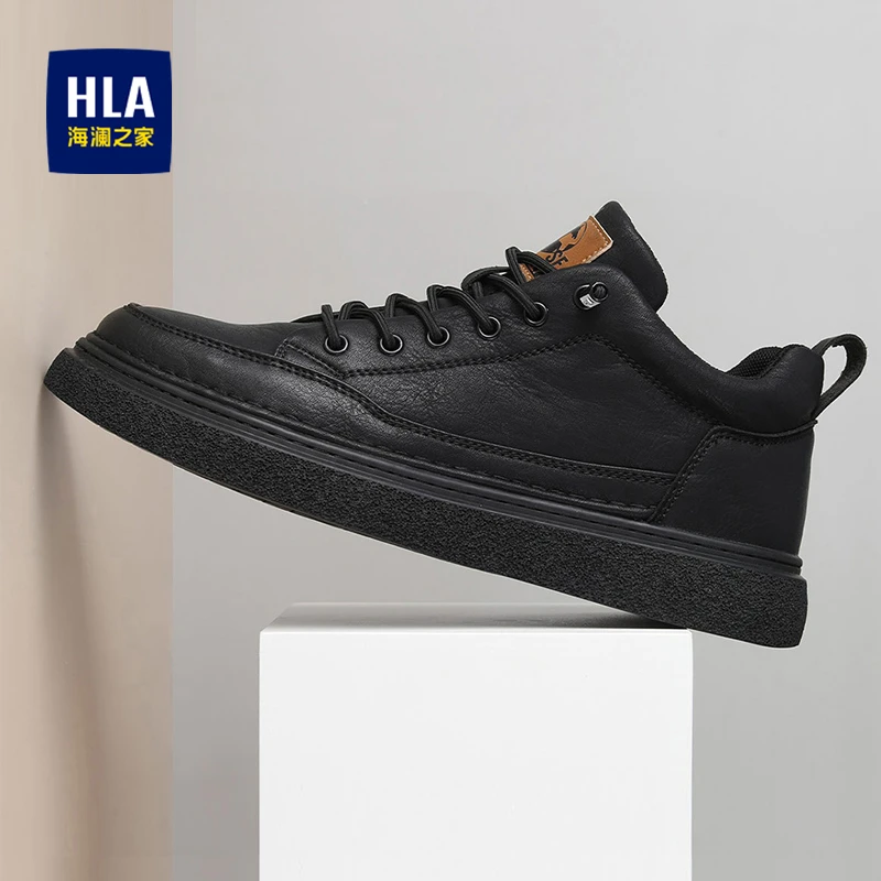 HLA/海澜之家男鞋2024冬季新款加绒保暖板鞋正品黑色男士休闲皮鞋