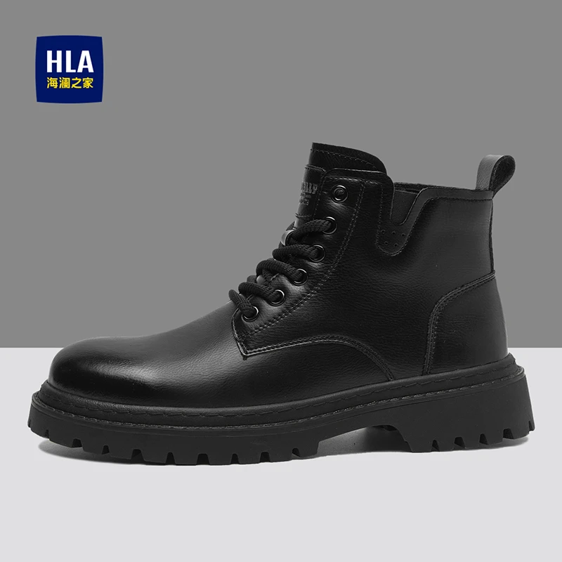 HLA/海澜之家男鞋2024冬季新款真皮潮流高帮马丁靴侧拉链工装靴子