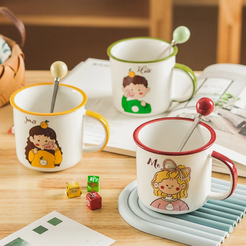 可爱复古卡通人物高颜值马克杯带盖勺男女孩陶瓷杯办公室喝水杯子