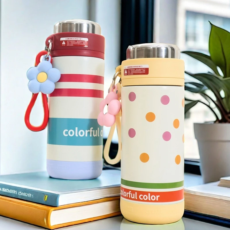 新款多巴胺彩色拼接316不锈钢保温杯 小花朵提绳杯旋转盖户外水杯